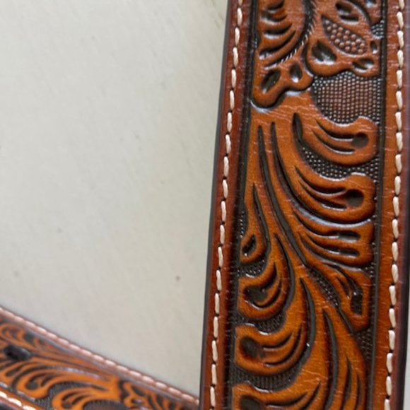 Western Tooled Nocona Leather Silver Buckle Belt 51 inch - Picture 3 of 8